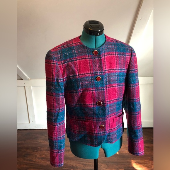 🧺Vintage Pendleton Pink & Navy Plaid Wool Blazer w/ Buttons, size 10 - Picture 1 of 6